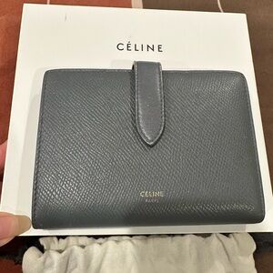 Celine Black Textured Pebble Leather Wallet with Gold Logo